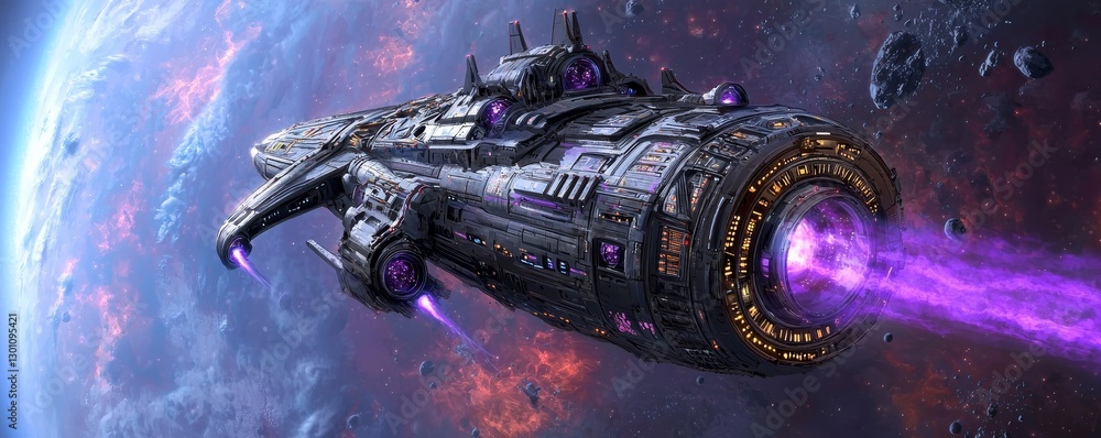 Wall mural a futuristic spaceship with glowing purple engines navigates through space, surrounded by a vibrant 