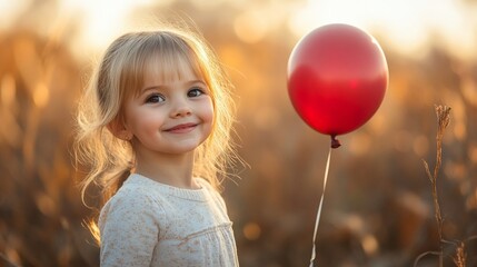 A joyful girl stands in a golden field holding a bright red balloon. The sunlight highlights her cheerful expression, creating a warm atmosphere typical of an idyllic afternoon