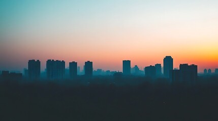 Urban skyline at dusk with buildings and a colorful sky