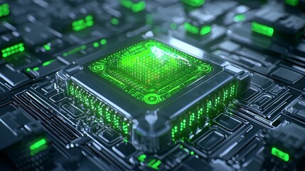 Fototapeta premium A close-up of a glowing green microchip surrounded by circuit elements, showcasing intricate technology and digital innovation.