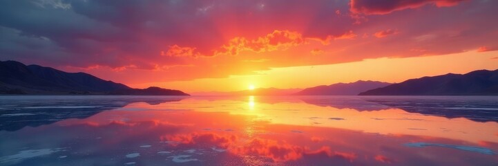 Fototapeta premium Desert sunset casting a warm glow over the salt flats, light, sunset, color