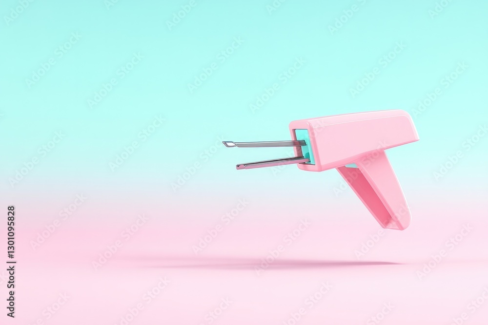 Poster single 3d-rendered stapler floating on plain pastel background to highlight its contours with ample 