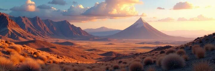 Fototapeta premium Desolada paisaje al atardecer con una monta?a en el fondo, rugged mountains, barren landscape, solitary hill