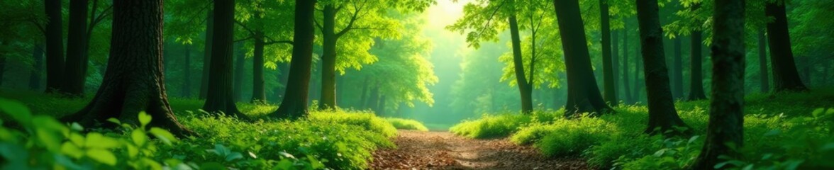 Obraz premium Desolate forest landscape with wooden empty and green leaf background, green, trees