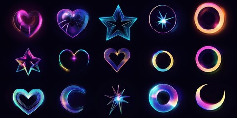 Colorful 3D shapes set. Abstract gradient lines, spark and star shape, geometric heart. Isolated spring spiral, ring, circle plate and sphere renders.