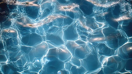 Transparent dark blue clear water surface texture with ripples and splashes creates an abstract summer banner.