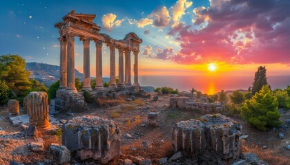 Fototapeta premium Breathtaking sunset view of roman columns in helwa, jordan, with a starry sky backdrop.