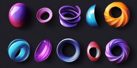 Colorful 3D shapes set. Abstract gradient lines, spark and star shape, geometric heart. Isolated spring spiral, ring, circle plate and sphere renders.