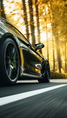 Close up of a black car s wheels speeding down a road with blurred green trees in the background