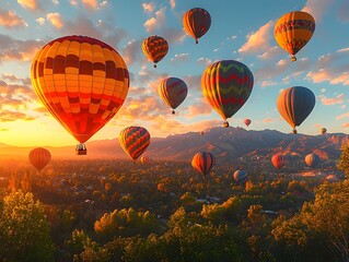 Obraz premium Vibrant Hot Air Balloon Festival with Majestic Mountain Backdrop in Morning Mist