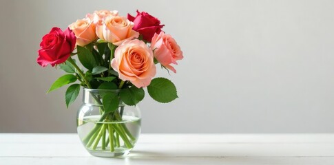 Fresh roses and irises sway gently in crystal container freshness, floral, stem © Phetthanousack