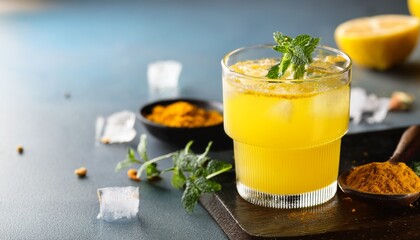freshly grated turmeric lemonade served in a glass with ice and garnished with herbs