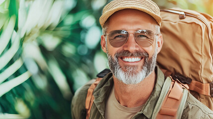 Fototapeta premium Outdoor adventure enthusiast smiling in nature setting for travel inspiration