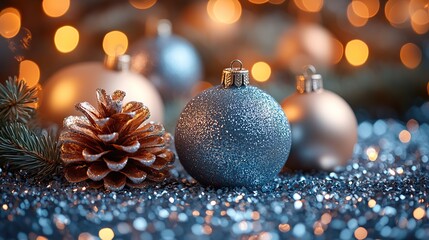 Fototapeta premium Trendy abstract silver gray circles bokeh create a festive glitter background with a Christmas lights overlay.