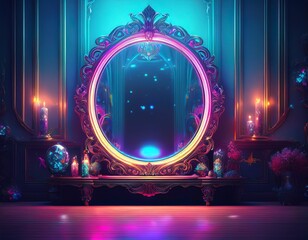 magical antique mirror in dark fantasy room with neon light