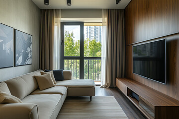 Fototapeta premium Small and modern apartment living room with TV panel