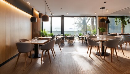 restaurant interior and design of room with furniture for architecture modern or minimalistic chair table and space of luxury cafeteria with laminate floor for hospitality decoration or elegance