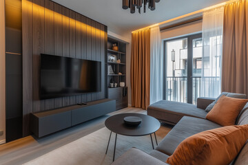Fototapeta premium Small and modern apartment living room with TV panel
