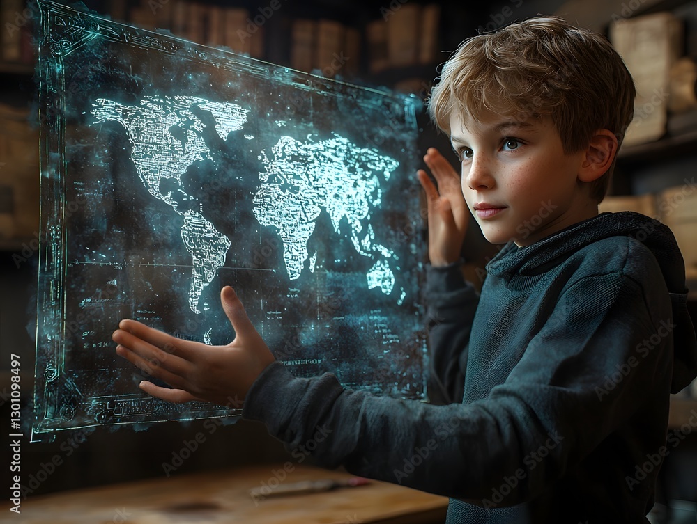 Poster students exploring holographic world atlas in classroom with gestures