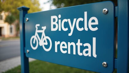 Signpost for bicycle rental service in a vibrant outdoor setting