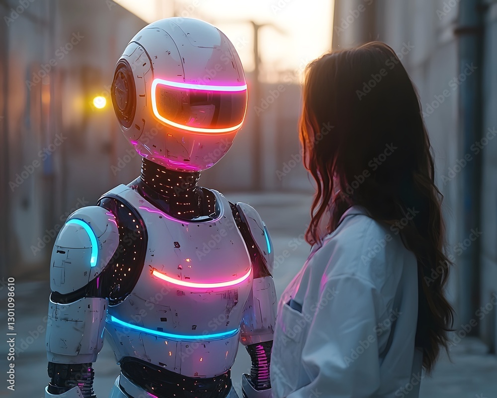 Poster holographic robot assistant collaborating with scientist in futuristic laboratory setting