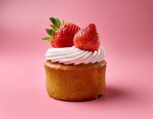 singular tiny cake with frosting and strawberries for decoration; product photo