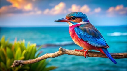 Fototapeta premium A Vibrant Kingfisher Perched on a Branch Overlooking a Serene Ocean at Sunset