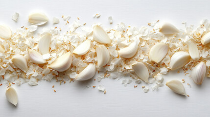 Fototapeta premium Garlic bulbs with cloves partially separated on white surface, showcasing their natural texture and color. arrangement highlights contrast between cloves and background