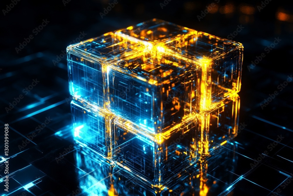 Poster futuristic abstract blue and yellow glowing cube representing advanced digital data storage concepts