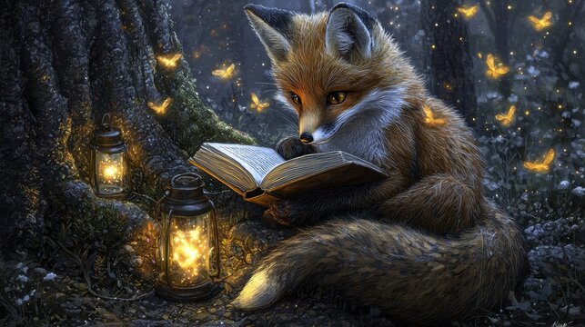 Curious fox reading a book under glowing lanterns in a magical forest filled with fireflies at dusk