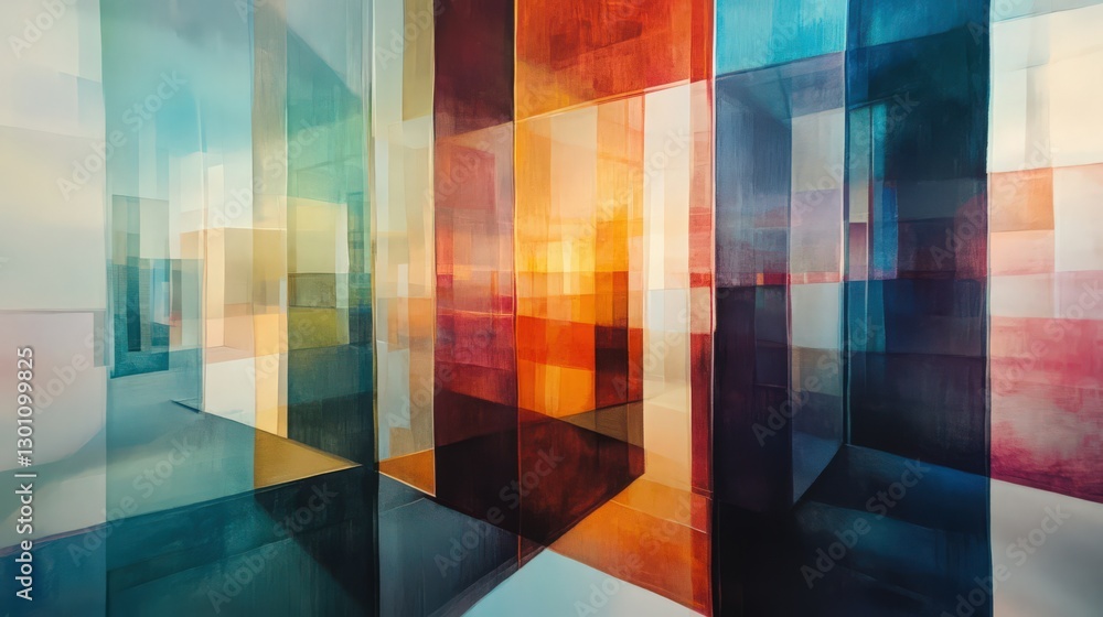 Poster abstract architectural shapes featuring transparent blocks and interweaving light