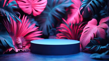 Trendy pink and blue holographic neon scene with an empty paper podium, handmade paper-cut jungle plants, and leaves decor for cosmetics or beauty product promotion mockup with copy space.