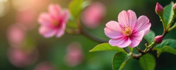 Obraz premium Pink wild rose branch with green leaves and stem, spring blooms, pink wild rose