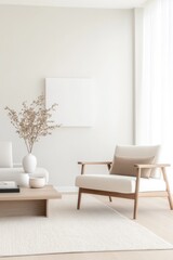 serene minimalistic living room featuring scandinavian design mid-century modern furniture with clean lines soft neutral