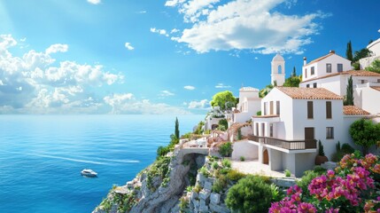 A breathtaking view of a cliffside village with white buildings overlooking the ocean, Mediterranean escape, exotic travel, paradise retreat