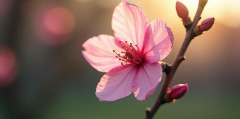Fototapeta premium Single pink blossom on a bare stem in sunlight, spring,, nature