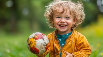 Fototapeta premium A cheerful child with curly hair smiles brightly while playfully holding a vibrant ball in a lush green park filled with sunlight. The atmosphere is joyful and carefree