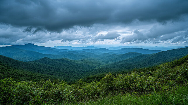 Majestic blue ridge mountains scenic landscape view under dramatic cloudy sky peak green trees hills