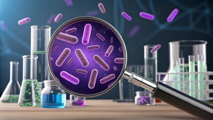 A highly detailed microscopic view of deep purple Lactobacillus bacteria, glowing under a high-magnification lens with a laboratory setting in the background