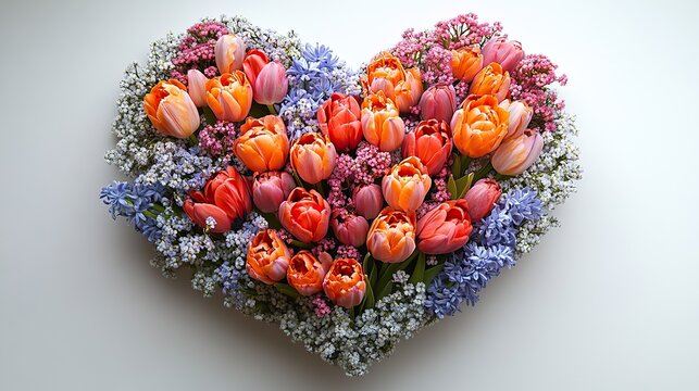 Tulips, hyacinths, and gypsophila, framed in a heart shape, convey sophistication on Mother's Day.