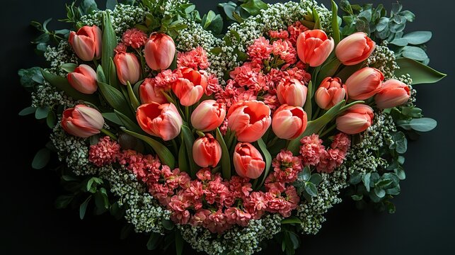 Tulips, hyacinths, and gypsophila, framed in a heart shape, convey sophistication on Mother's Day.