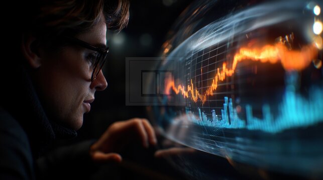 Focused Analyst Studies Financial Data on Holographic Display at Night - Powered by Adobe