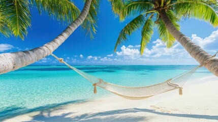 A luxurious tropical beach with a hammock tied between two palm trees, crystal clear water, exotic travel, paradise relaxation