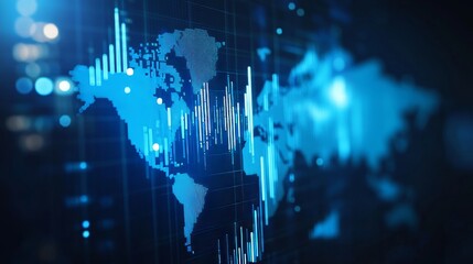 Digital stock market chart on world map background in blue, depicting financial data insights