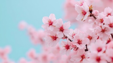 Delicate pink cherry blossom flowers are beautifully contrasted against a soft blue background, capturing the essence of spring and the elegance of nature's fleeting beauty.