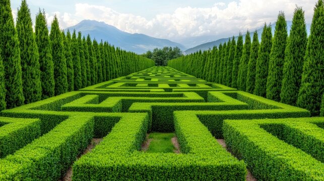 A breathtaking view of a meticulously designed green hedge maze surrounded by neatly trimmed conifer trees set against a backdrop of mountains and a bright blue sky.