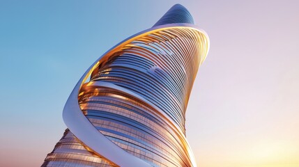 A sleek modern skyscraper reflecting a golden sunset, architectural photography, urban elegance, contemporary design