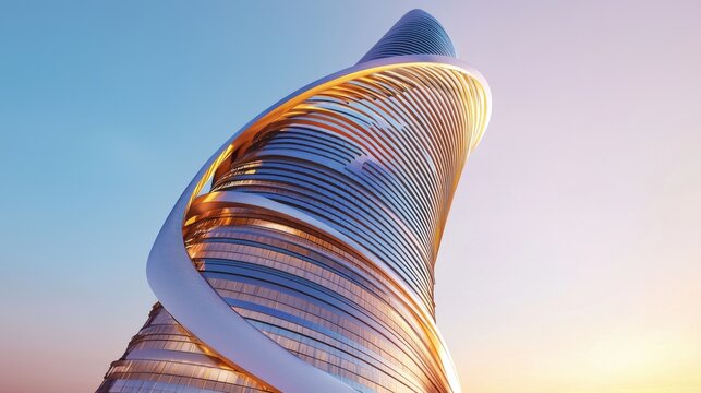 A sleek modern skyscraper reflecting a golden sunset, architectural photography, urban elegance, contemporary design