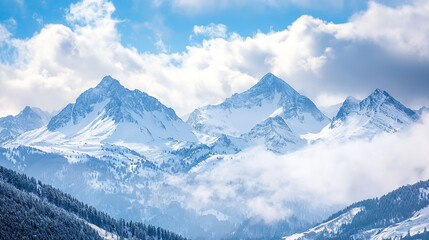 Obraz premium Majestic winter mountain landscape serene snow covered peaks sky cold blue cold view white trees