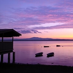 Lake scene at sunset with boathouse and boats for relax